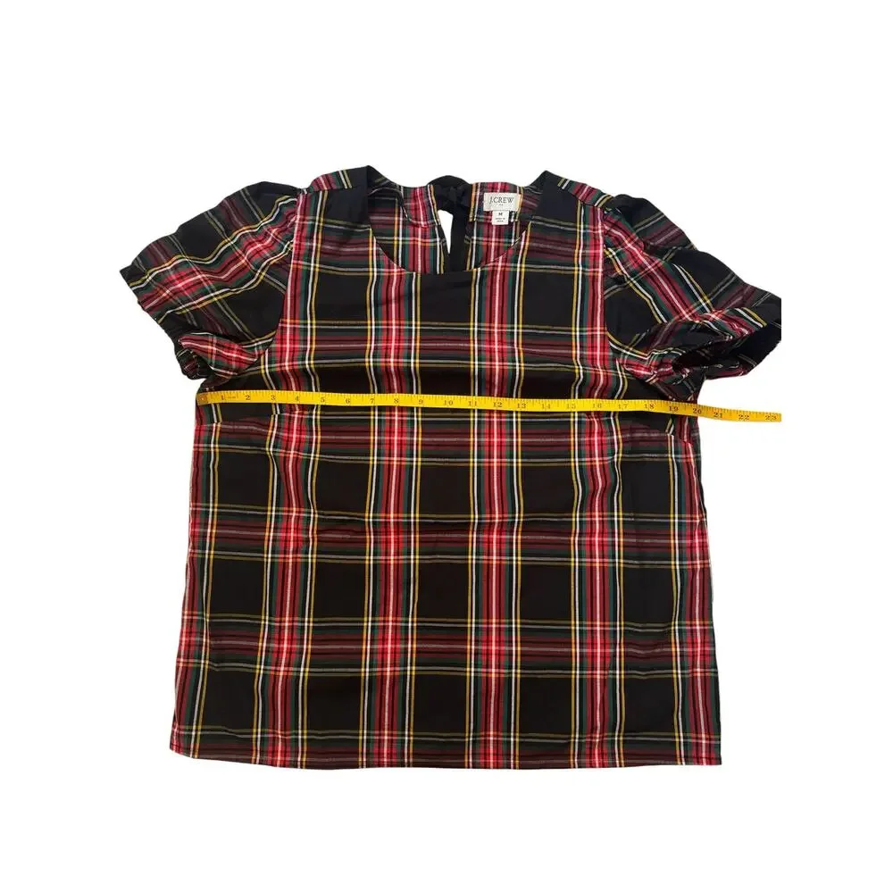 J.CREW Tartan Plaid Poplin Puff Sleeve Top Size Medium Red Black Green Yellow